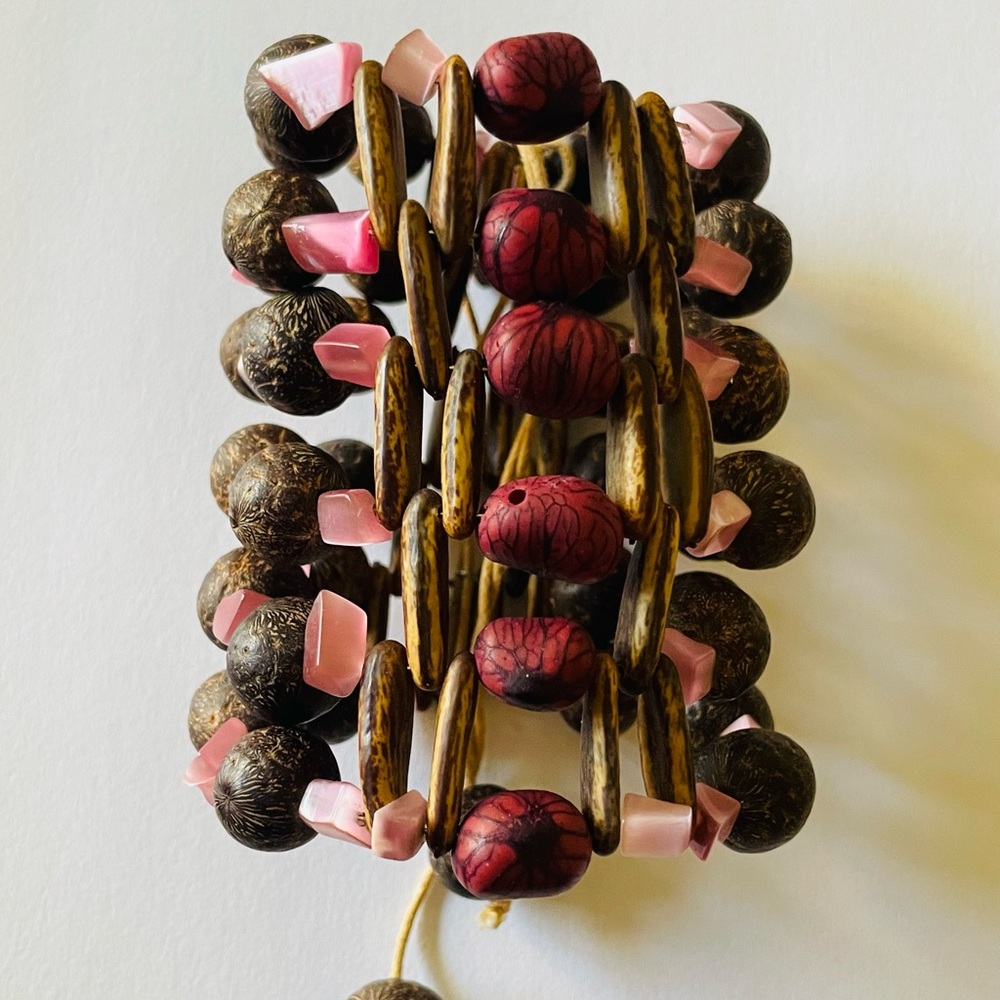 Chunky Handmade Beaded Statement Bracelet in Brown and Pink